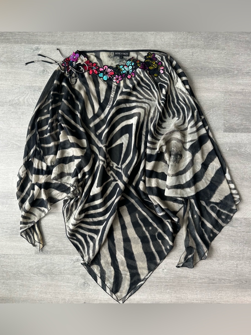 Monica Magni Italian Designer Sheer Zebra Blouse with Floral Embroidery